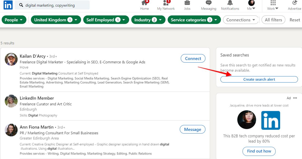LinkedIn search results page with arrow pointing to "Create search alert" button