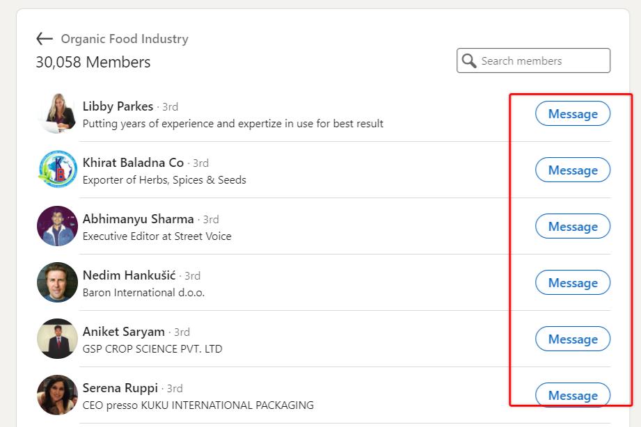 list of members in a LinkedIn group with red box highlighting the 'Message' button