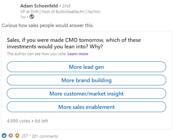 LinkedIn poll asking people to vote what they'd do if they became CMO tomorrow