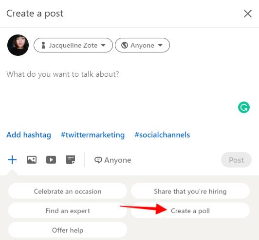create a new post window with arrow pointing to "create a poll"