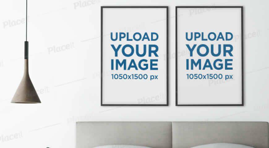 Two Art Prints in a Minimalistic Bedroom Photoshop PSD Mockup Template