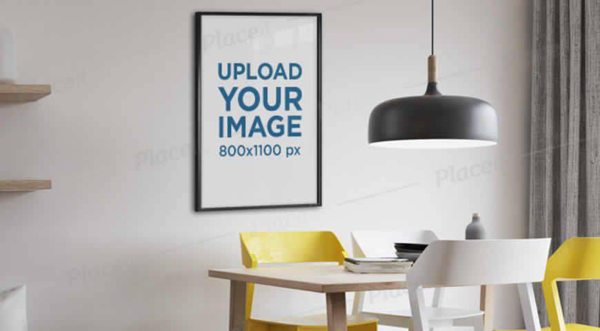 Poster Frame Hanging on Living Room Wall Photoshop PSD Mockup Template