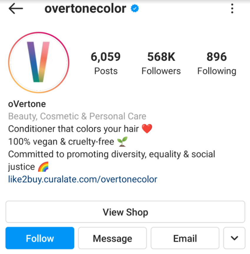 A keyword-rich Instagram bio from Overtone is a great example of social media optimization