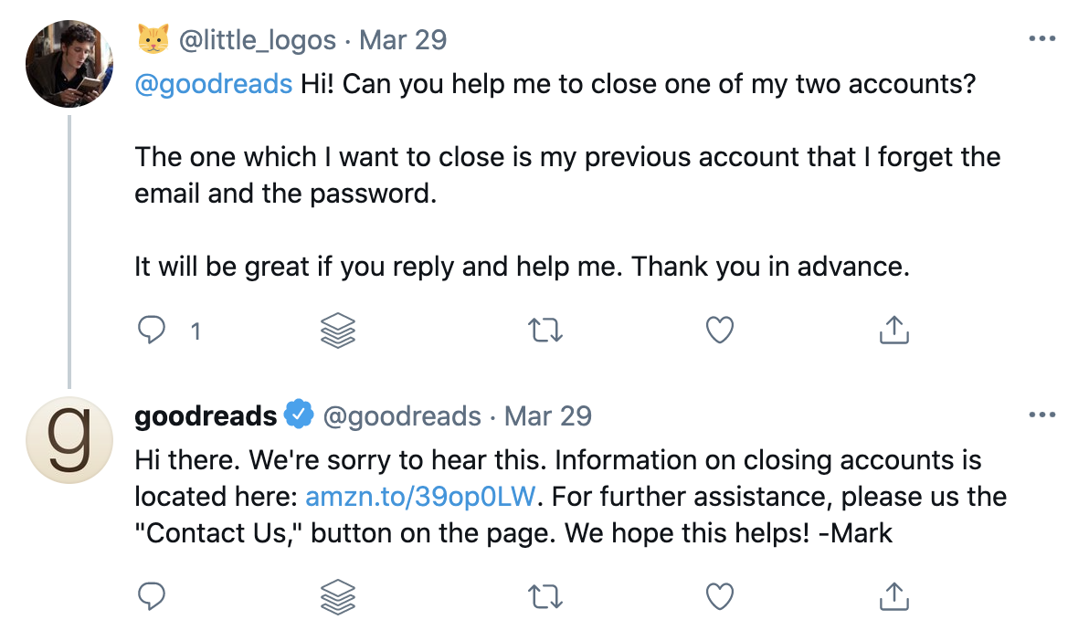Goodreads responding to a customer support question on Twitter within two minutes