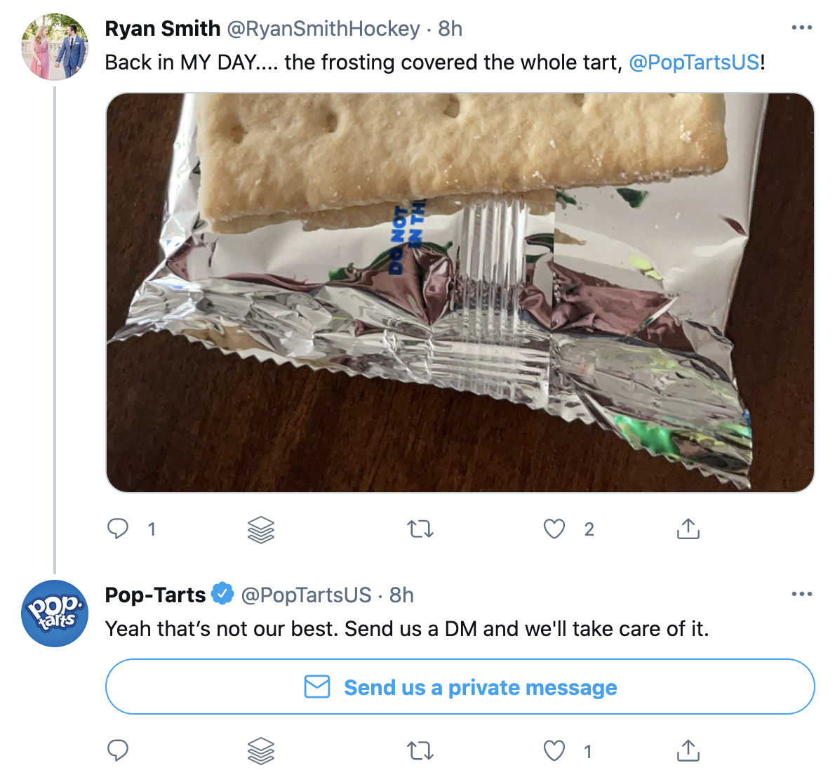 Screenshot of a customer service response from Pop-Tarts showcasing their brand personality