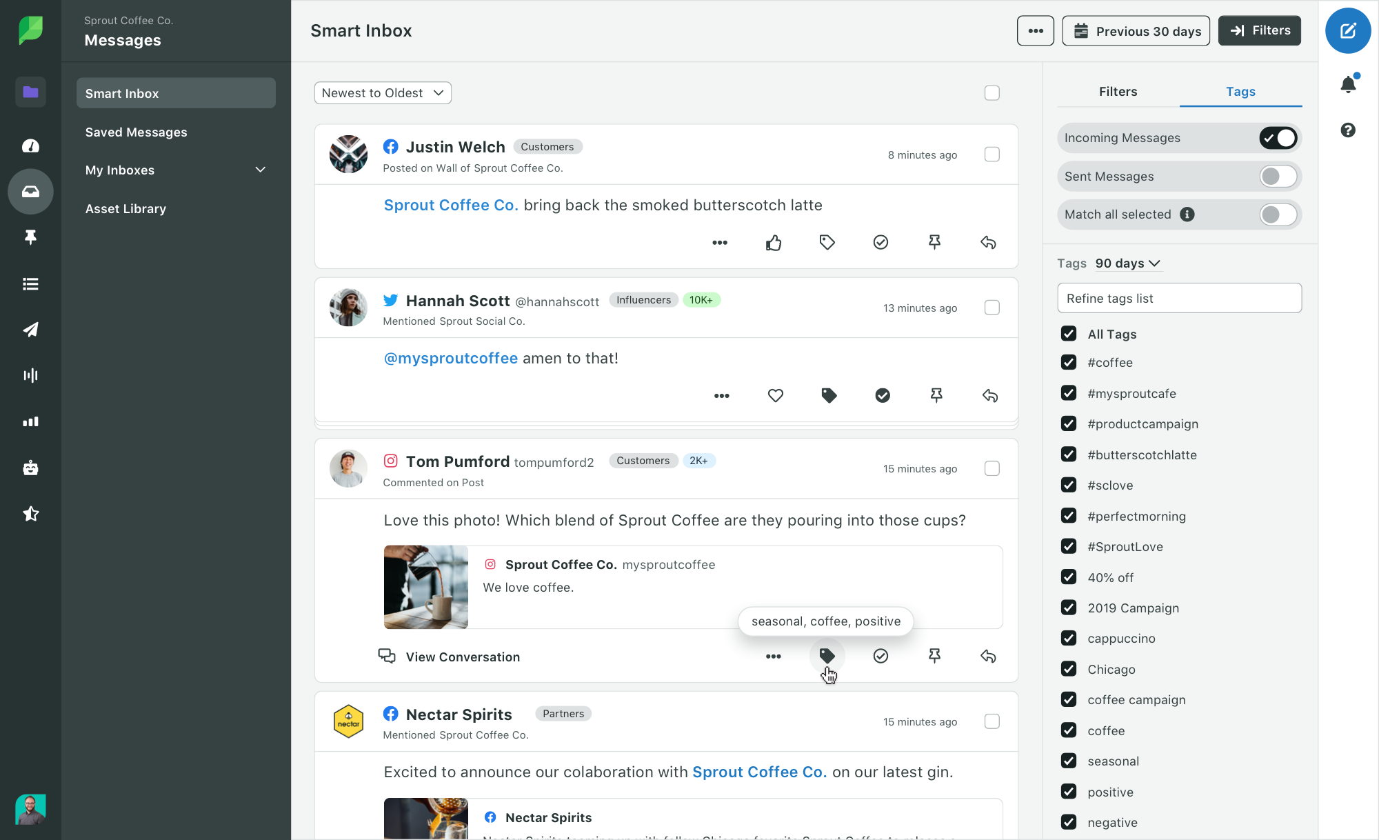 A screenshot of the Sprout Social Smart Inbox displaying the internal tagging feature. 