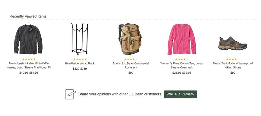 Recently viewed products list from LL Bean