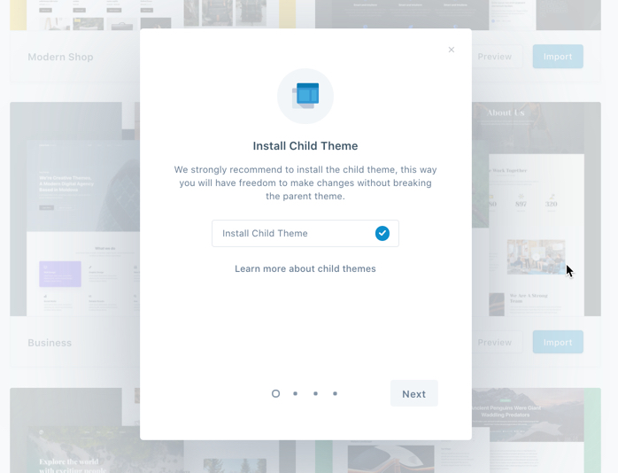 Install Child theme pop-up window