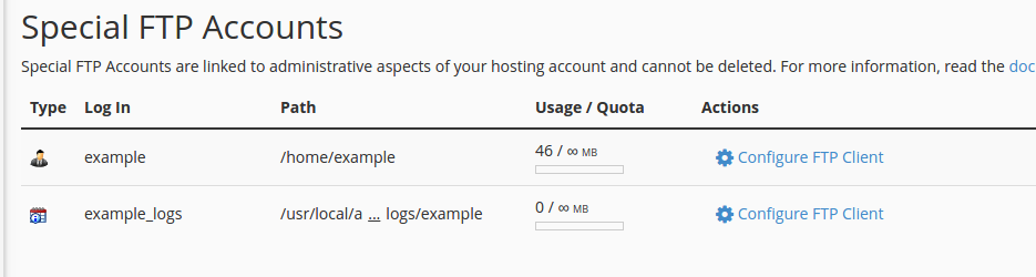 view of ftp settings in cpanel