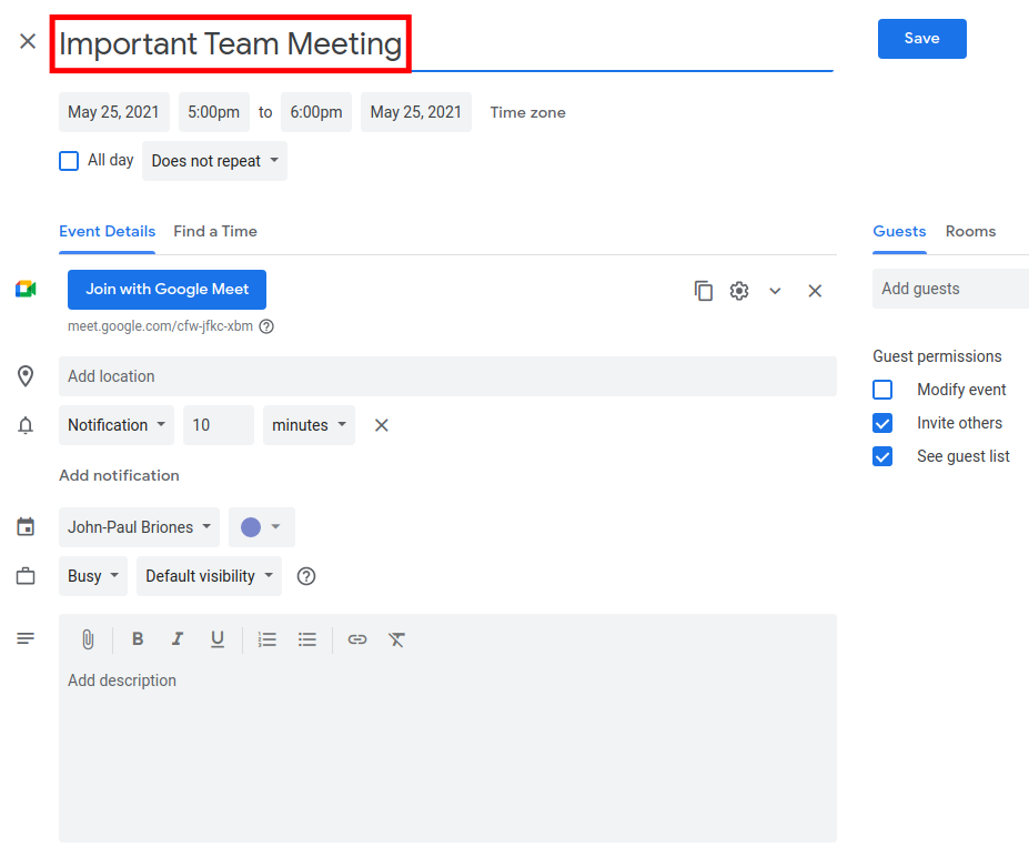 How to Schedule a Google Meet - Enter Title