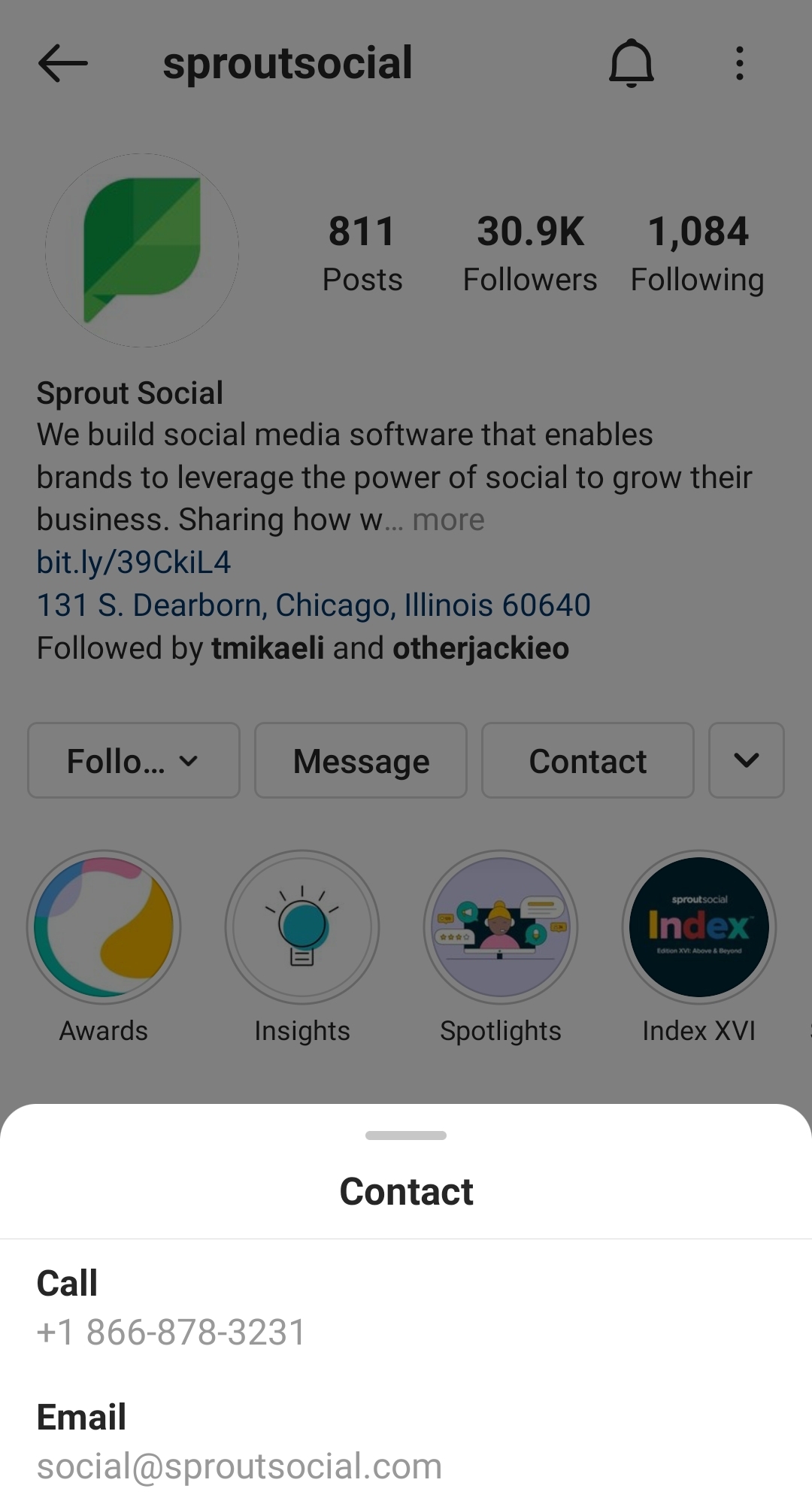 Screenshot of Sprout Social's Instagram page with contact information pulled up.