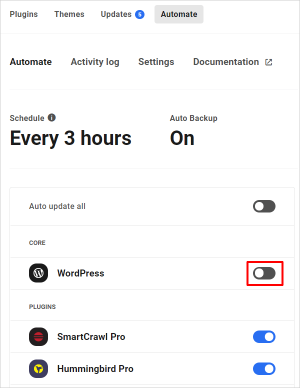 Automate schedule screen - core update off.