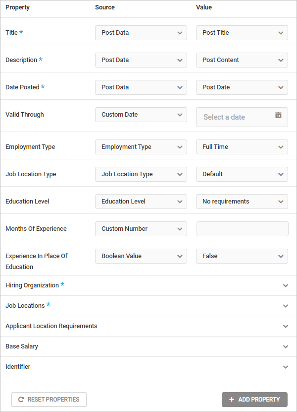 SmartCrawl Job Posting schema type properties.