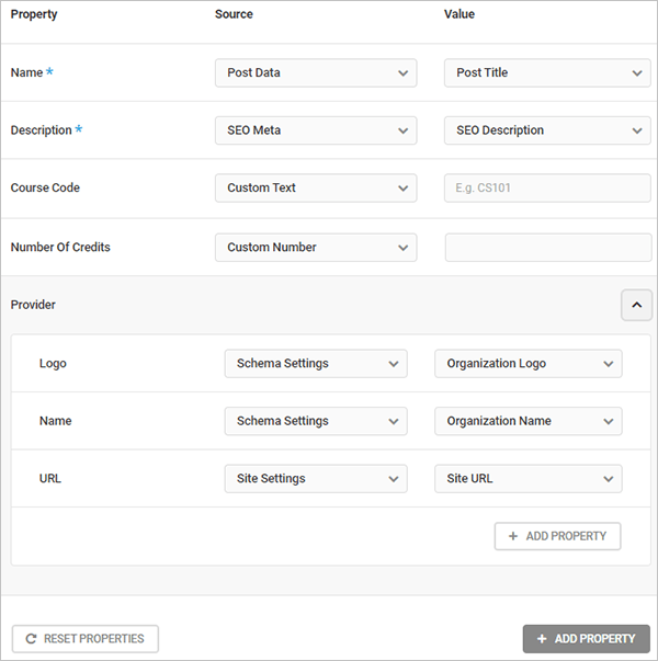 SmartCrawl Course schema type properties.