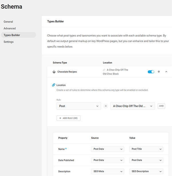 Schema Types Builder screen.