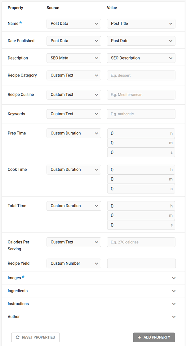 Recipe schema properties.