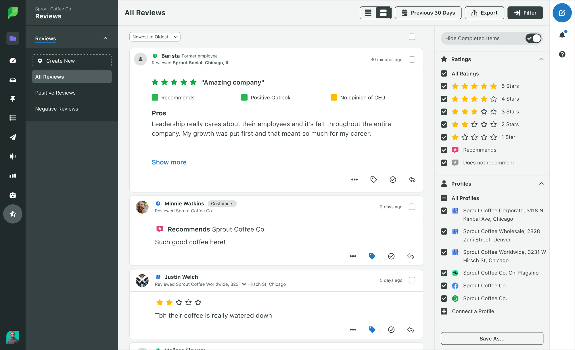 Sprout Social's review management tool pulls in reviews across multiple sites into one inbox.