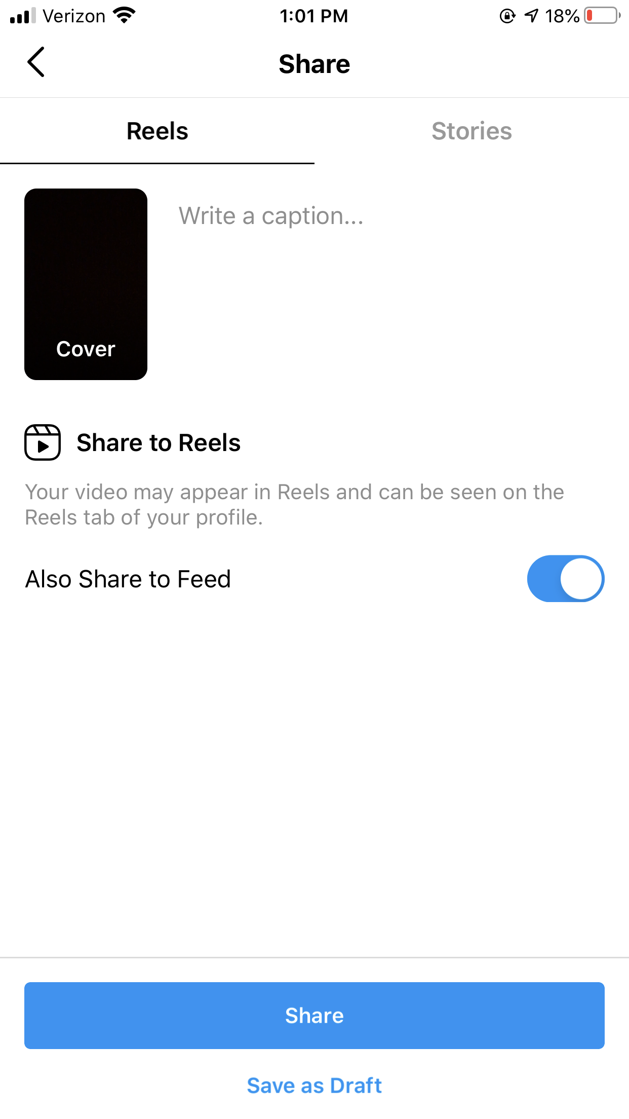 A screenshot of the add caption section of Instagram Reels.