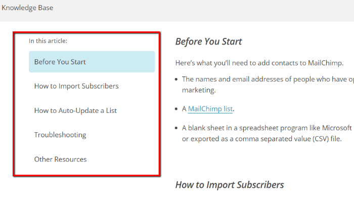 Knowledge Base Article Template - MailChimp Example