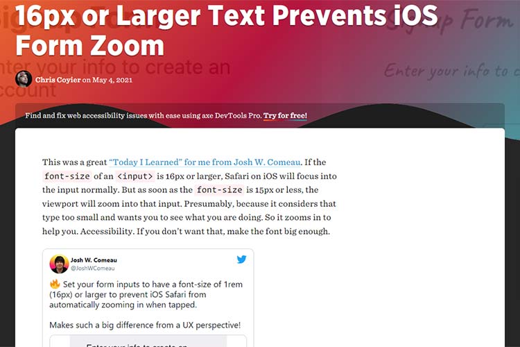 Example from 16px or Larger Text Prevents iOS Form Zoom