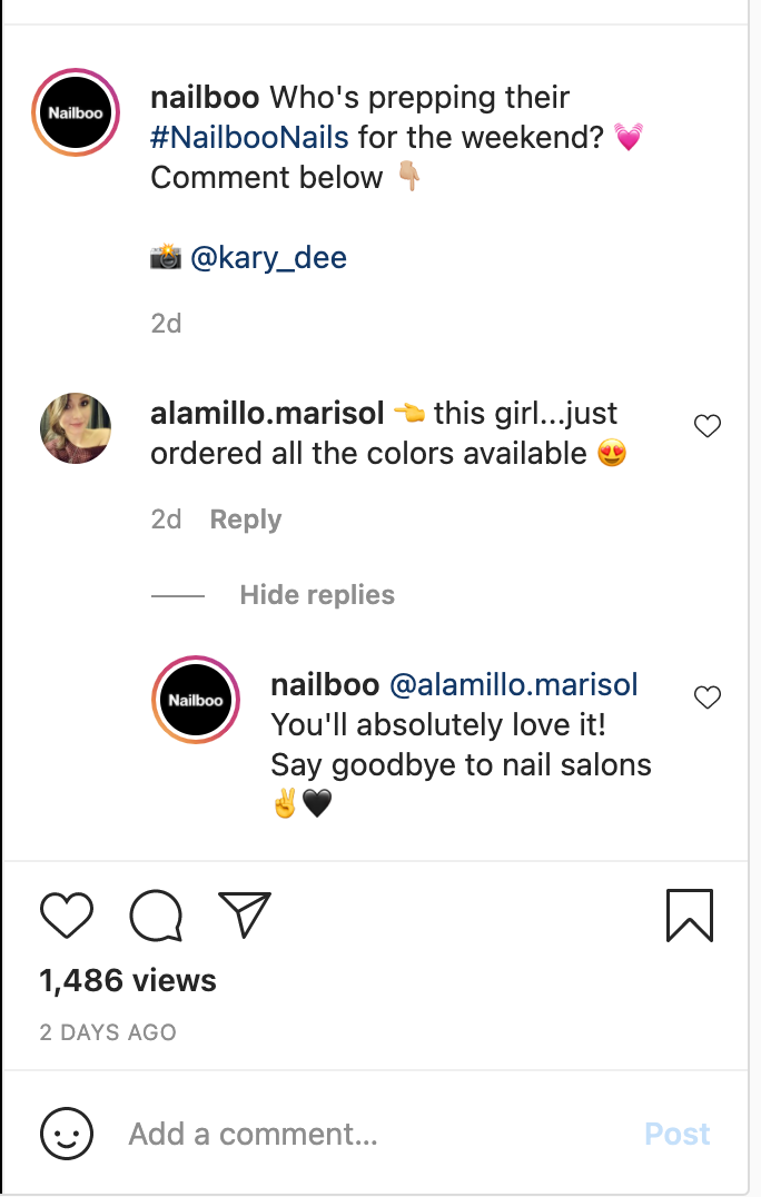 Nailboo responding to an Instagram comment