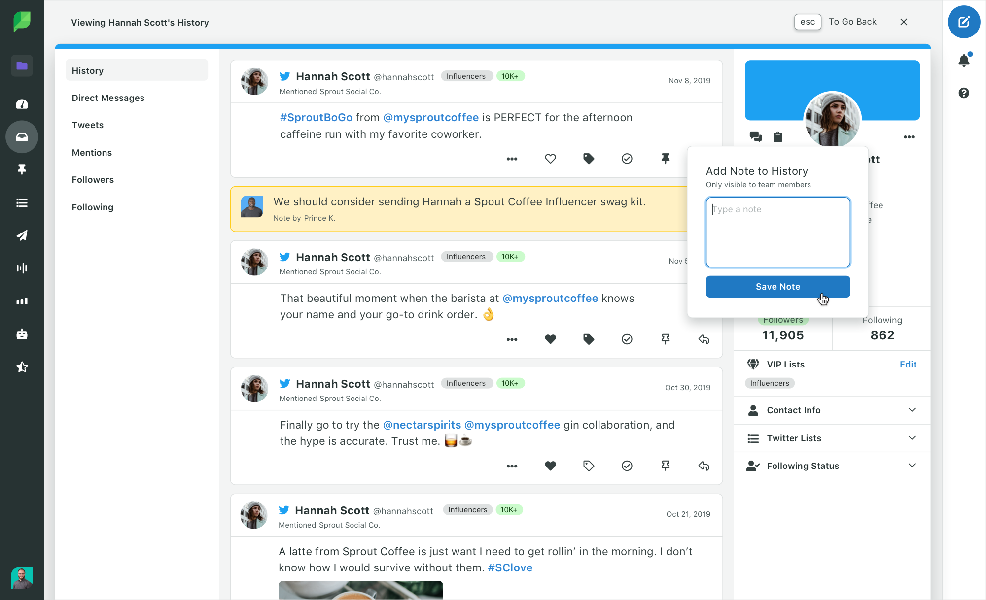 Twitter conversation history and note function in Sprout Social