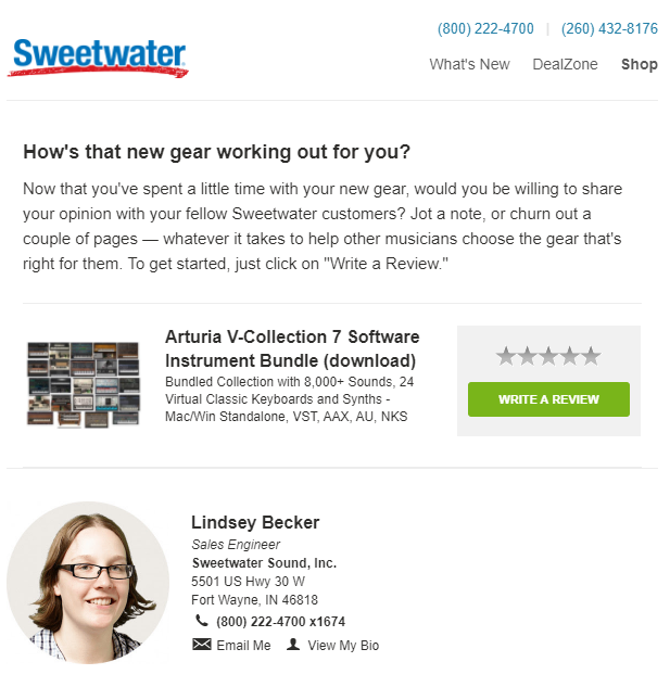 sweetwater customer retention email