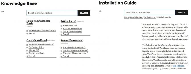 The Knowledge Base contents page and a single article