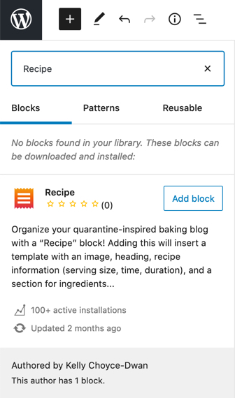 adding the Recipe block in WordPress dialog. Seen when adding the recipe block for the first time.