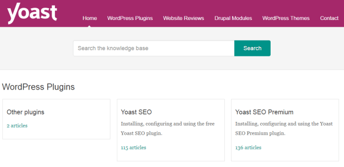 Yoast’s Knowledge Base organizes their articles into categories to make it even easier to search for queries.