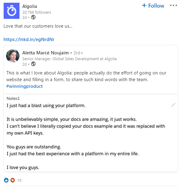 algolia testimonial