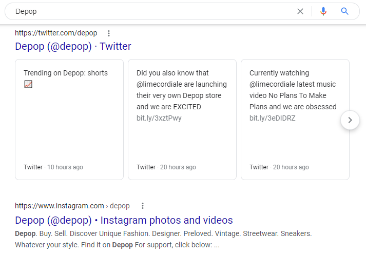 Screenshot of a Google search which pulls social media profiles