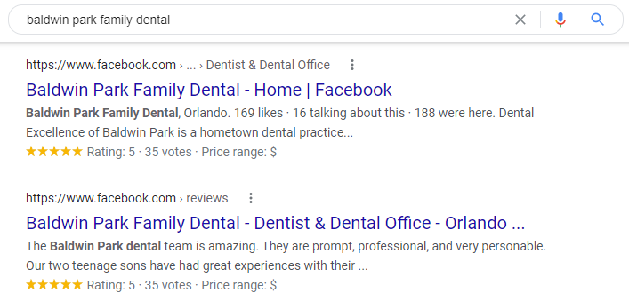 Examples of Facebook Pages appearing in google search results