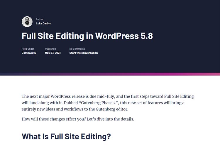 Example from Full Site Editing in WordPress 5.8