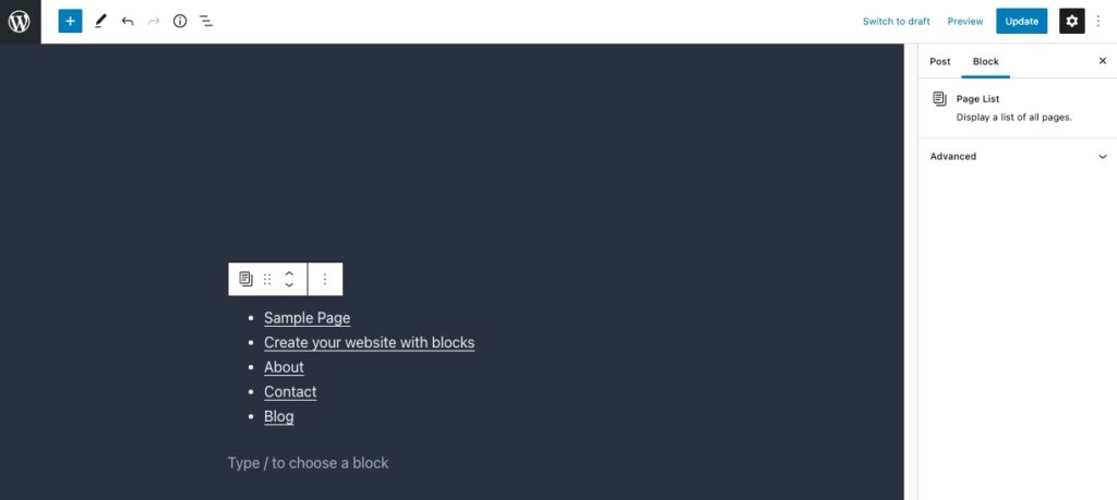 Page list block