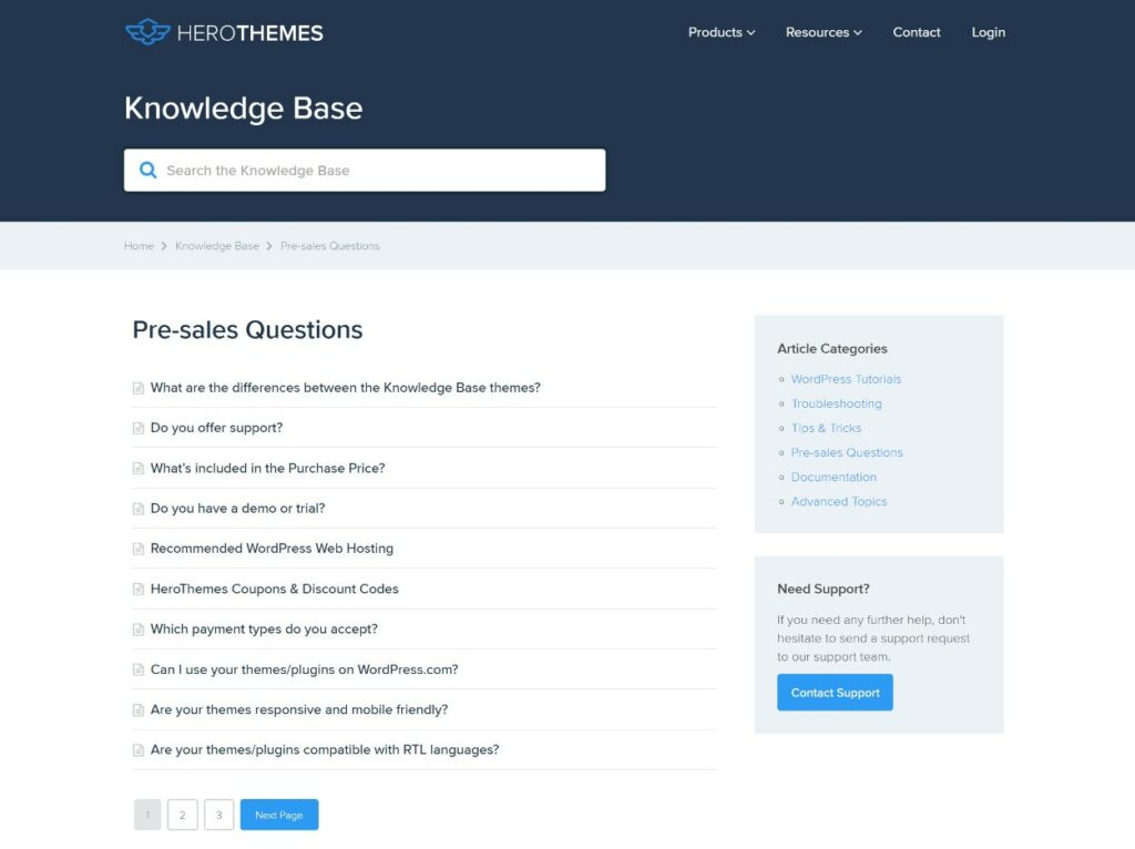 An example of pre-sales questions in a knowledge base