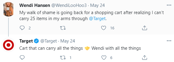 Target's response to a customer Tweet on May 24, 2021