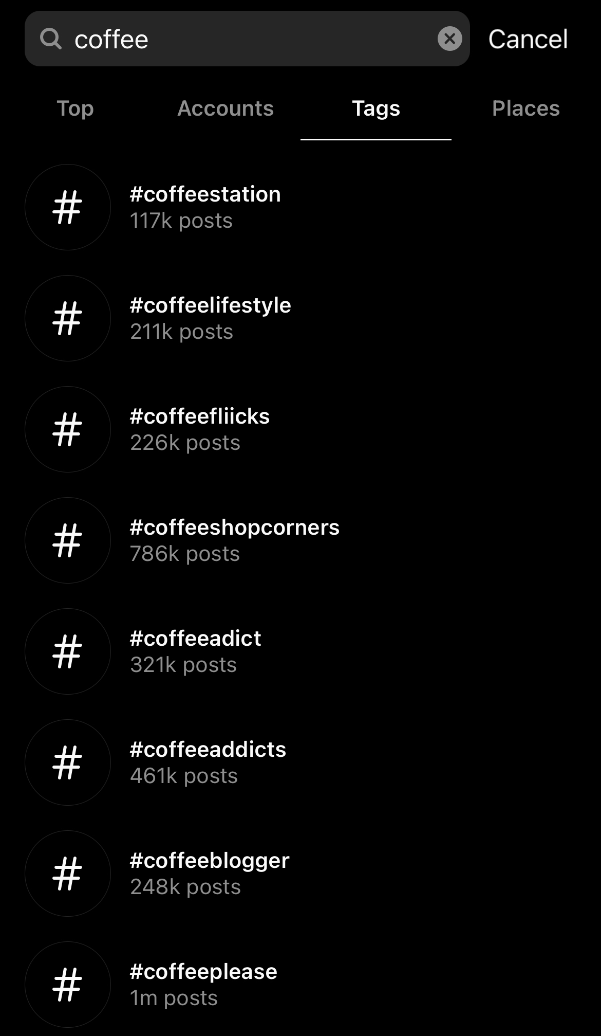 examples of related coffee hashtags