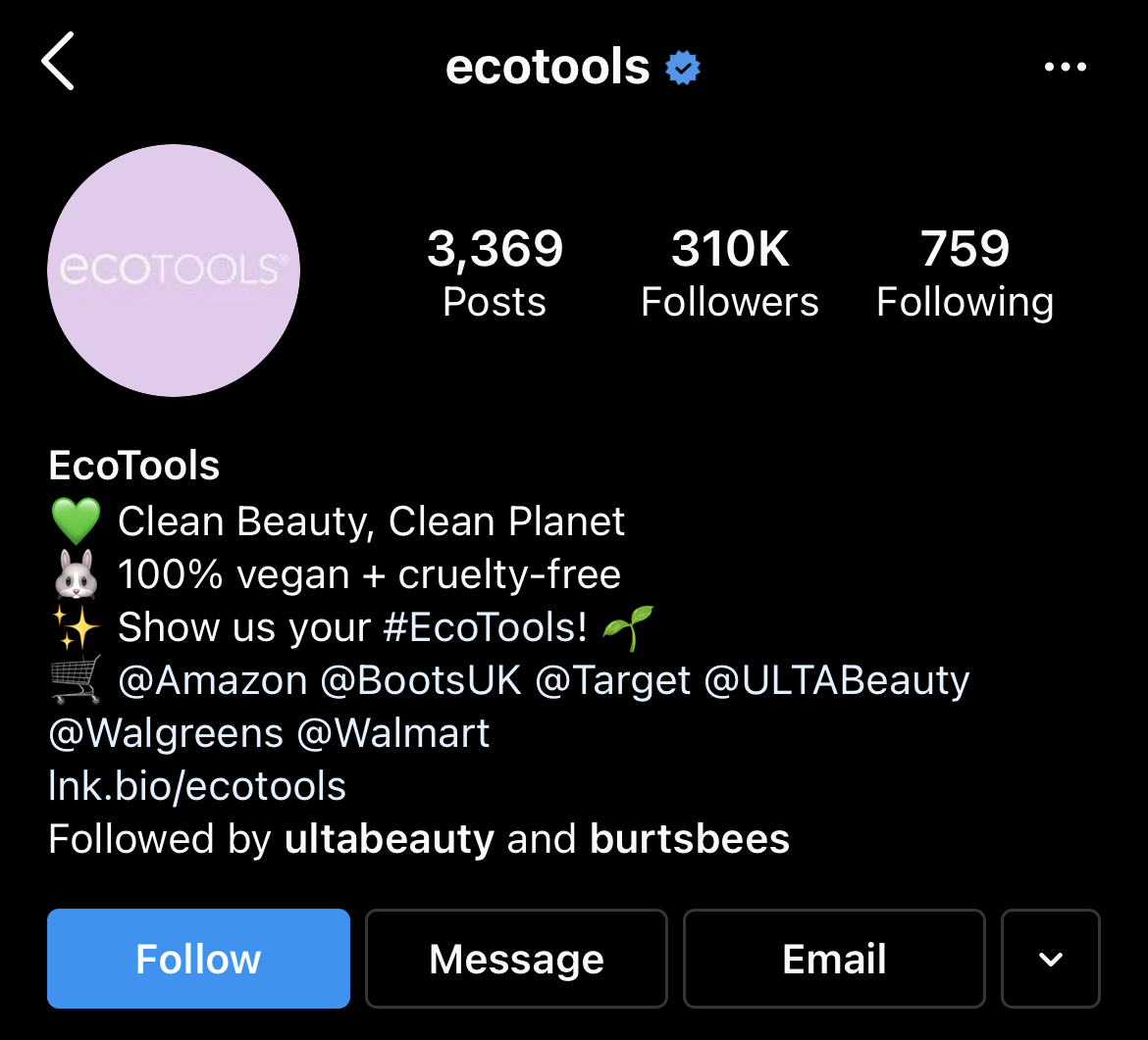 ecotools CTA in bio to use branded hashtag
