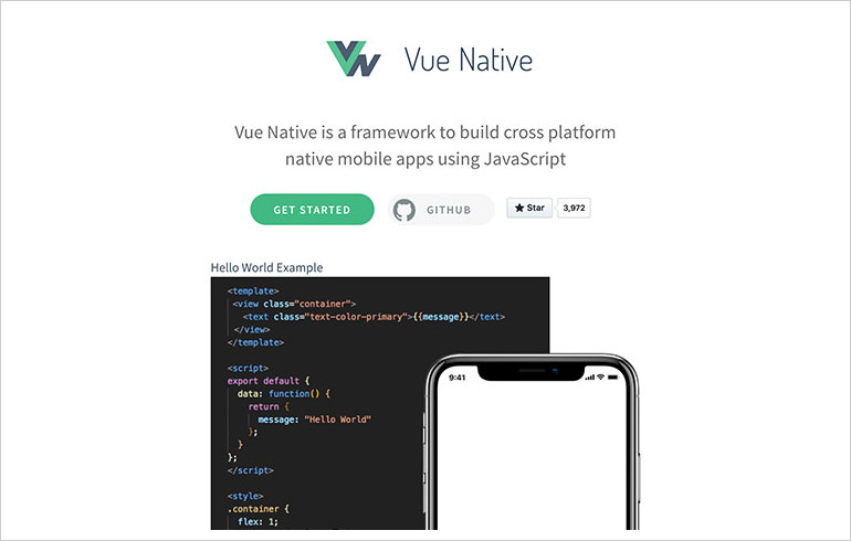 Vue Native Homepage with code example and iPhone X mockup.