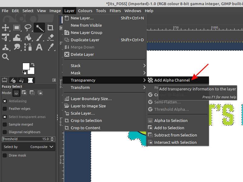 Add Alpha Channel for making a transparent background in GIMP 