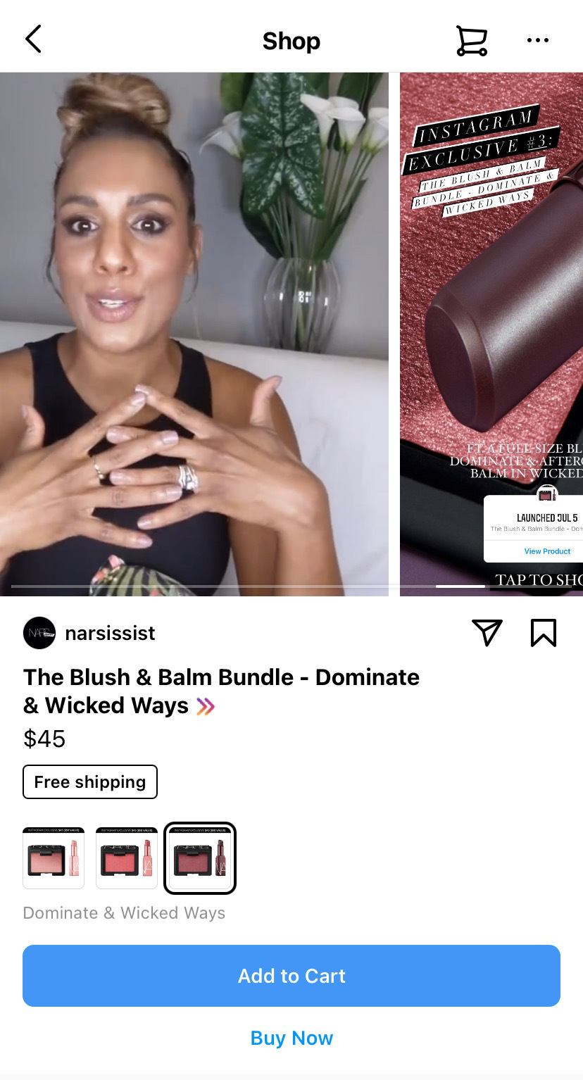An Instagram Drops example from Nars Cosmetics showcasing the different types of visuals supported by Instagram Shops
