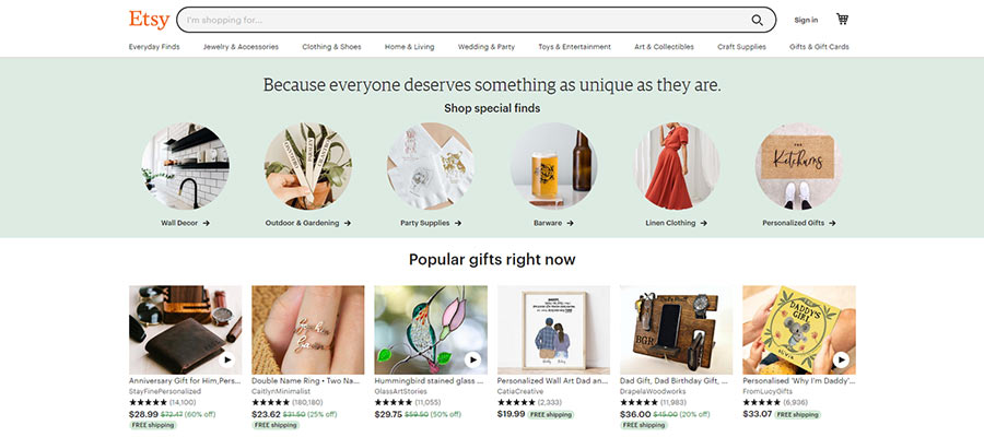 The Etsy website uses a multi-column layout to highlight shop categories.