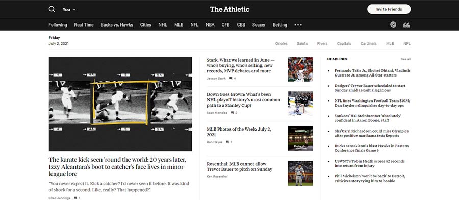 The Athletic uses a grid layout to feature top stories.