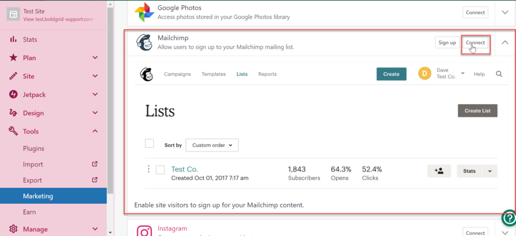 connecting mailchimp from wordpress.com