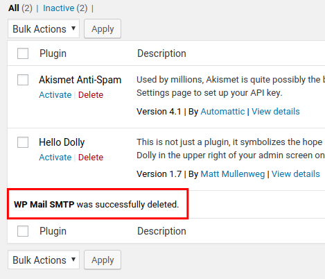 smtp wp mail deleted successfully