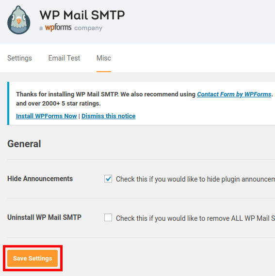 wp smtp save hide announcement settings
