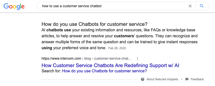 customer service chatbot search result example