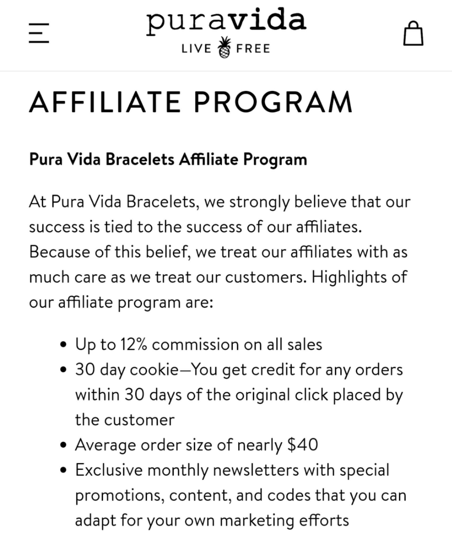 Pura Vida affiliate marketing program requirements
