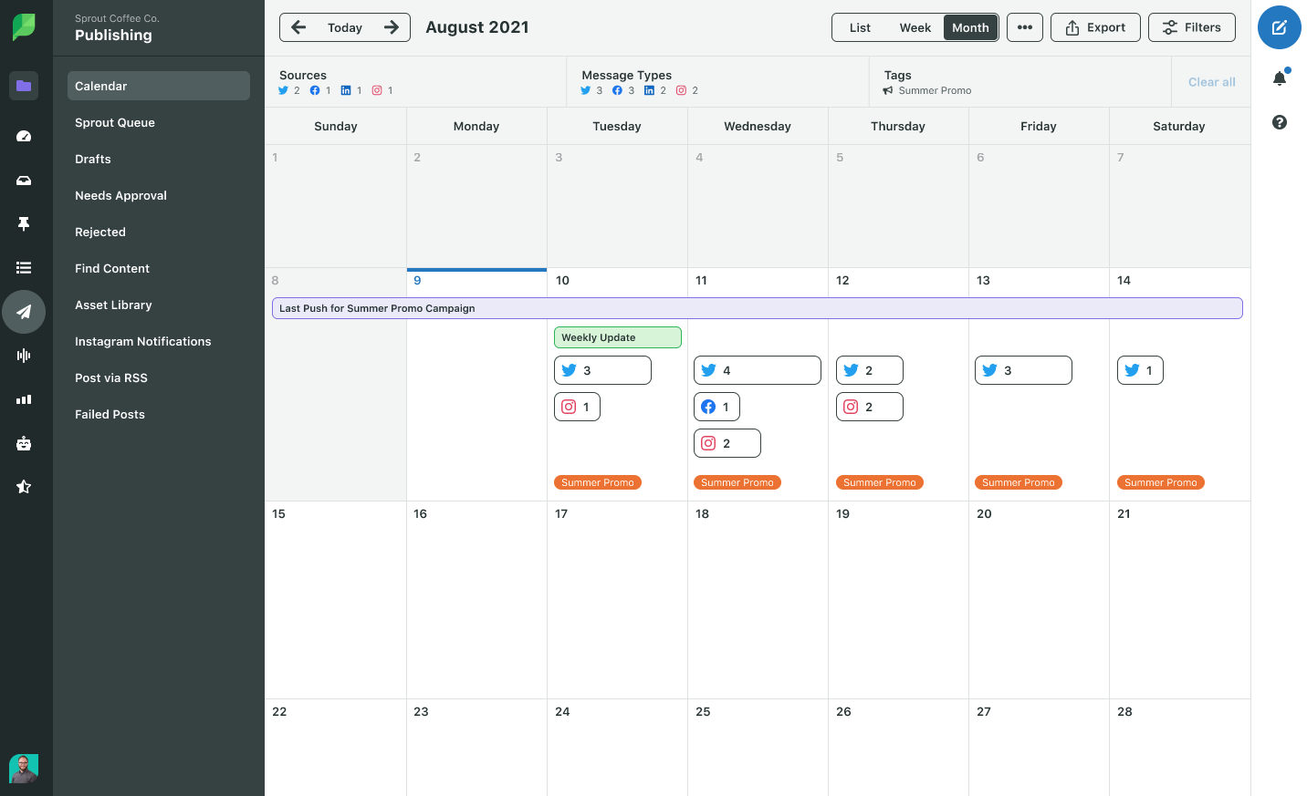 A screenshot of Sprout Social Campaign Calendar view, which shows upcoming posts across channel. 